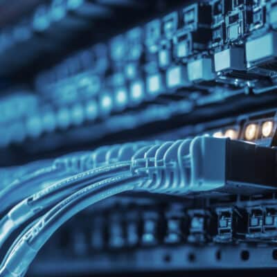 Close-up of fiber optic cables connected to a network switch in a data center. Representing data transmission, connectivity, security, technology, and digital infrastructure.